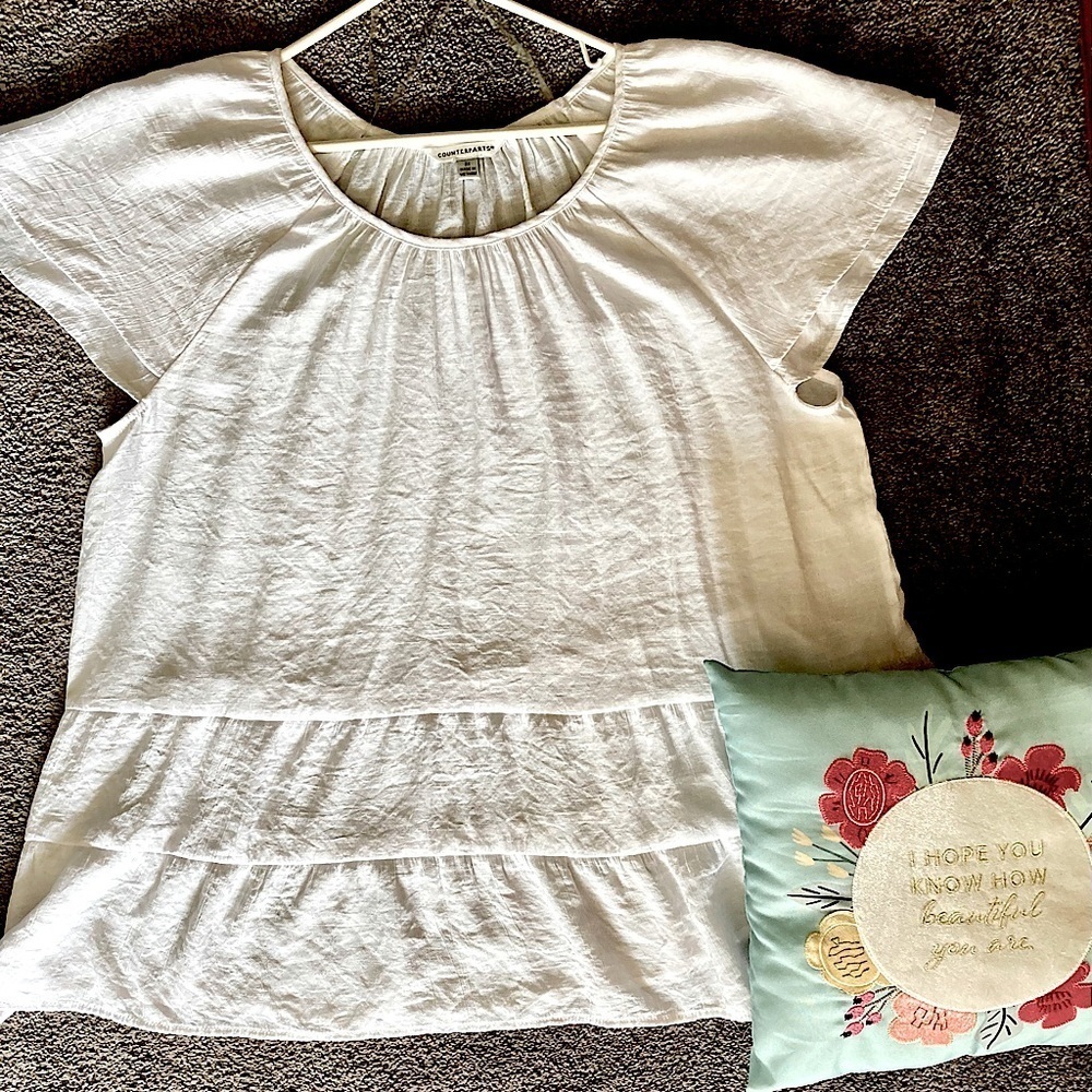 Counterparts Cap Sleeve Baby Doll‎ Blouse Womens Size 2XL Bright White Tiered